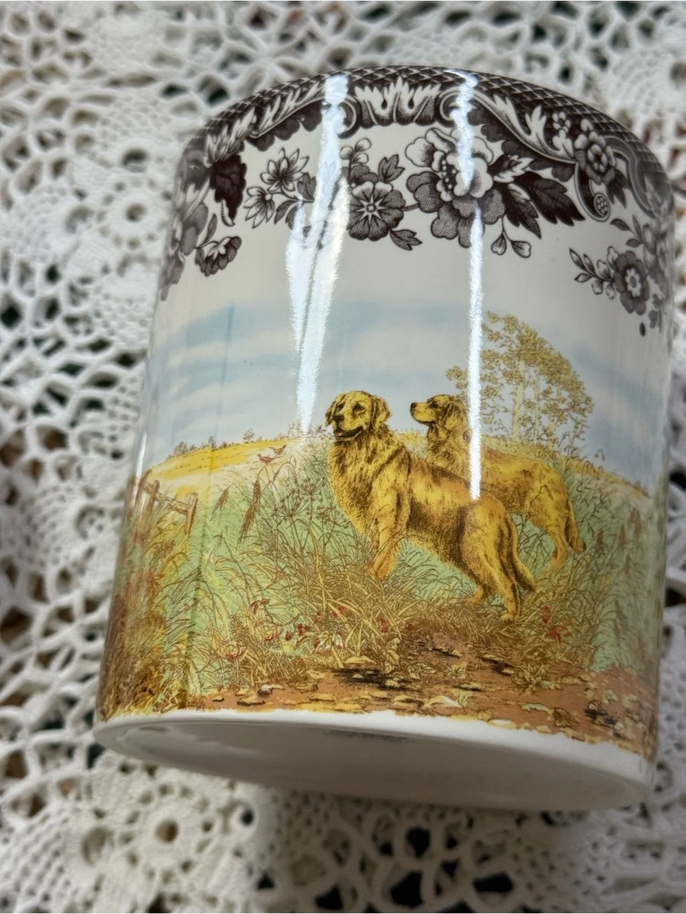 Spode Ceramic Canister with Brown Floral Border and Scenic Dog Motif